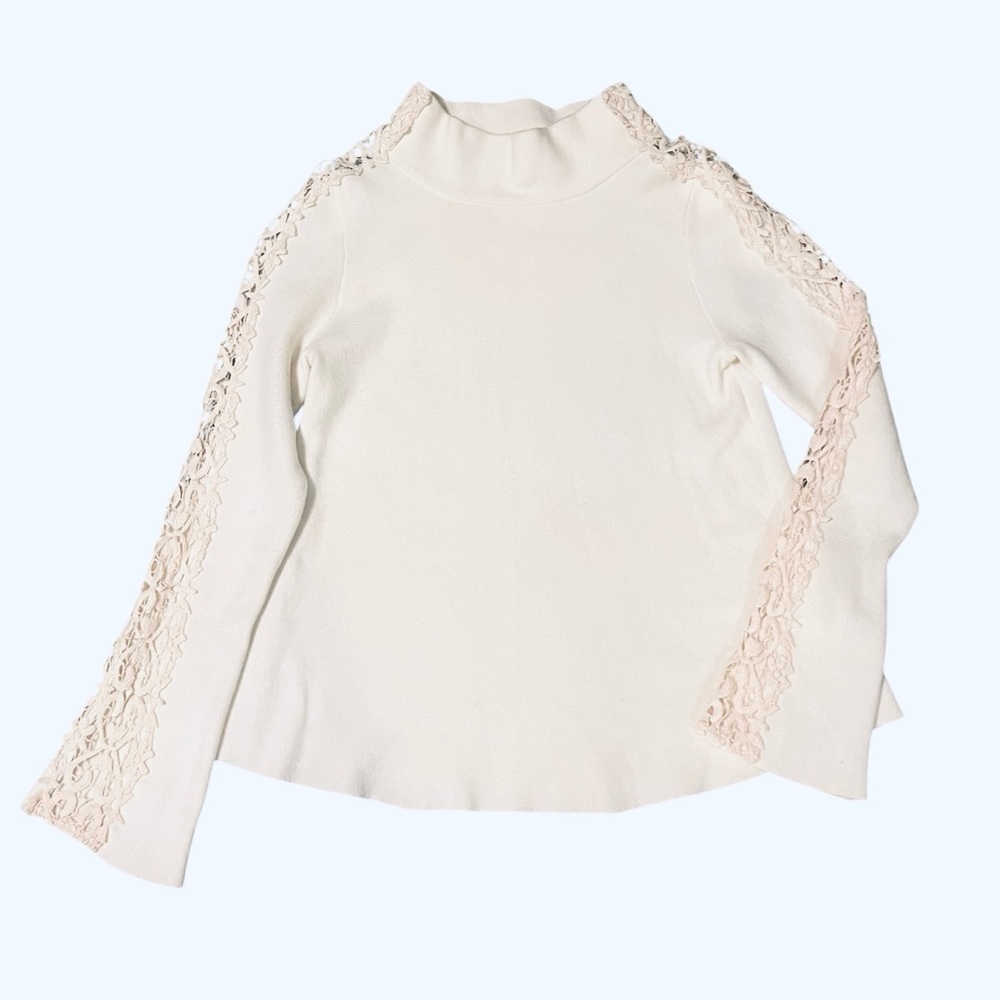 Anthropologie Knitted & Knotted Ivory Lace Trim Mock Neck Sweater | Size S